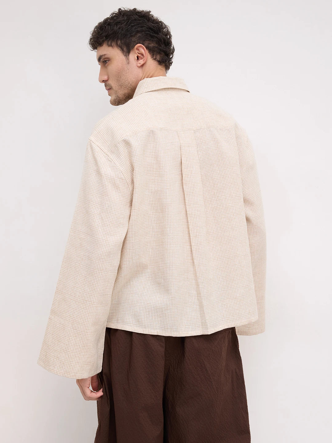 French Beige Openweave Micro Checks Cuffless Oversized Crop Shirt