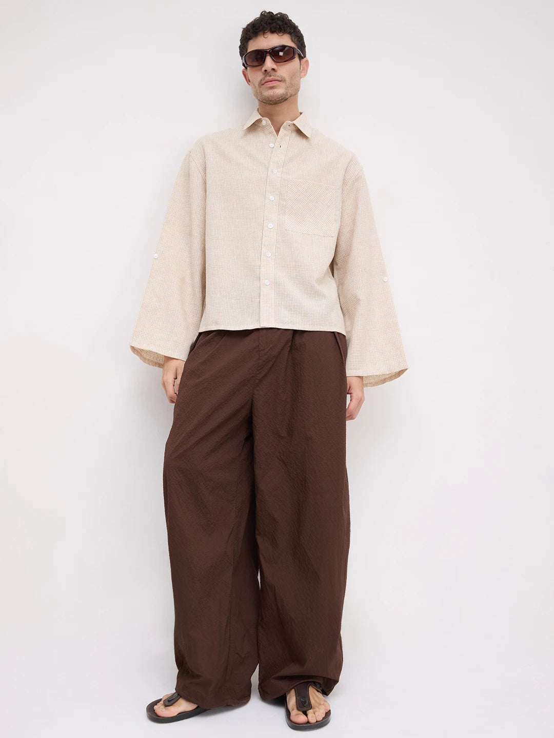French Beige Openweave Micro Checks Cuffless Oversized Crop Shirt