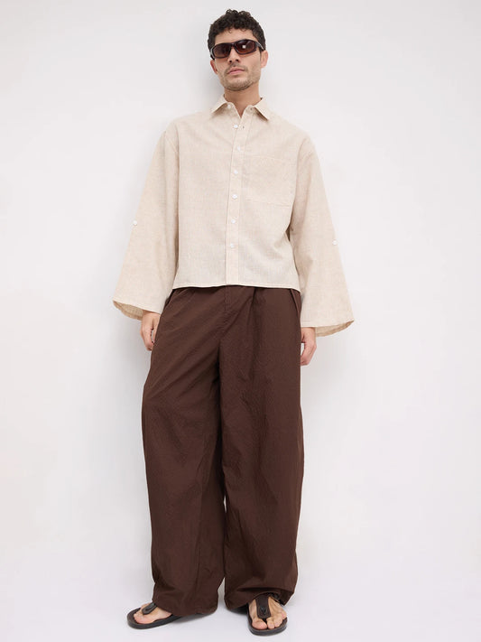 French Beige Openweave Micro Checks Cuffless Oversized Crop Shirt
