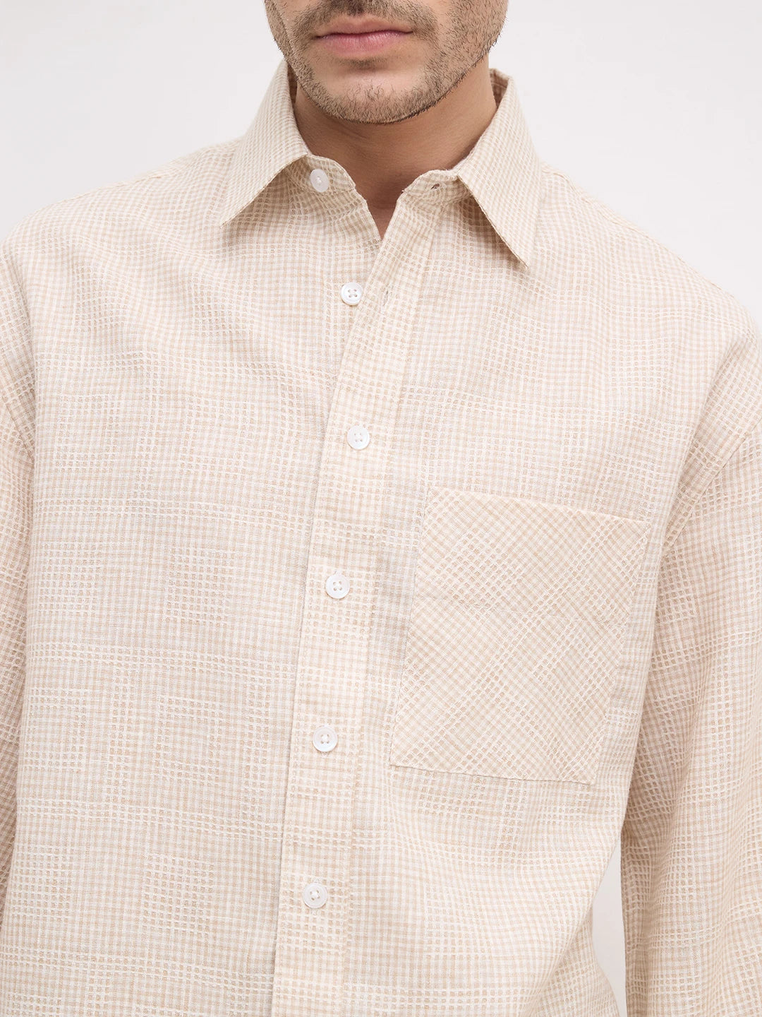 French Beige Openweave Micro Checks Cuffless Oversized Crop Shirt
