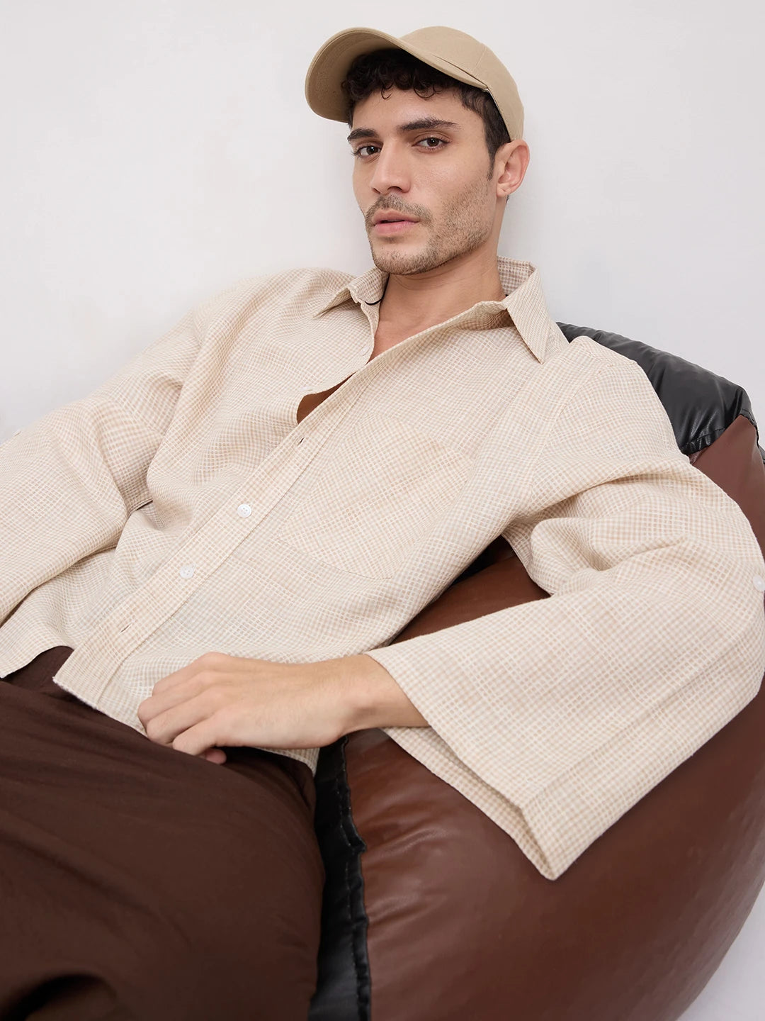 French Beige Openweave Micro Checks Cuffless Oversized Crop Shirt