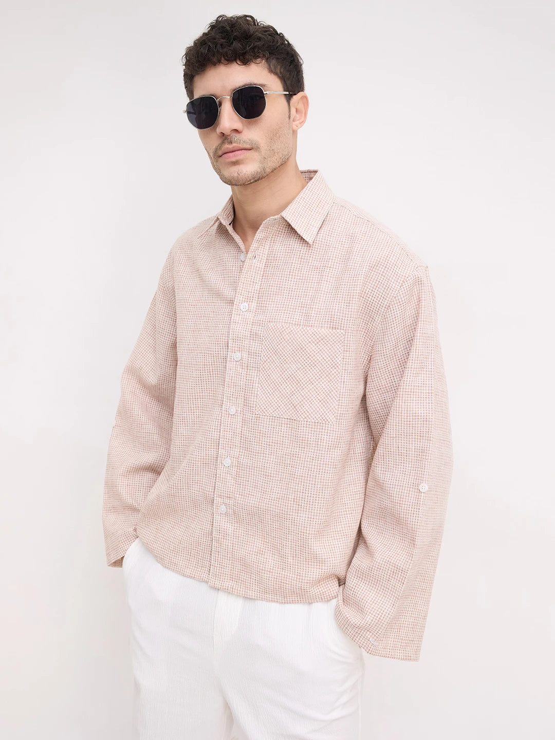 Vintage Brick Brown Openweave Micro Checks Cuffless Oversized Crop Shirt