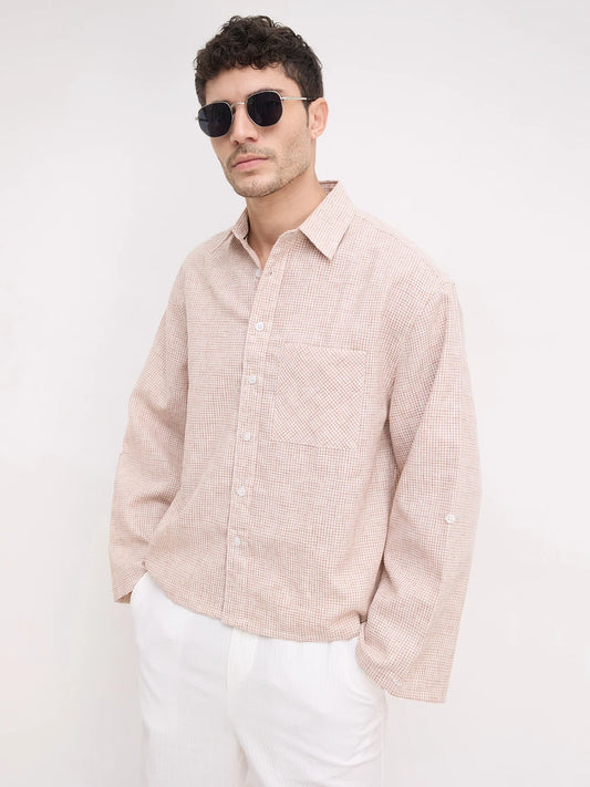 Vintage Brick Brown Openweave Micro Checks Cuffless Oversized Crop Shirt