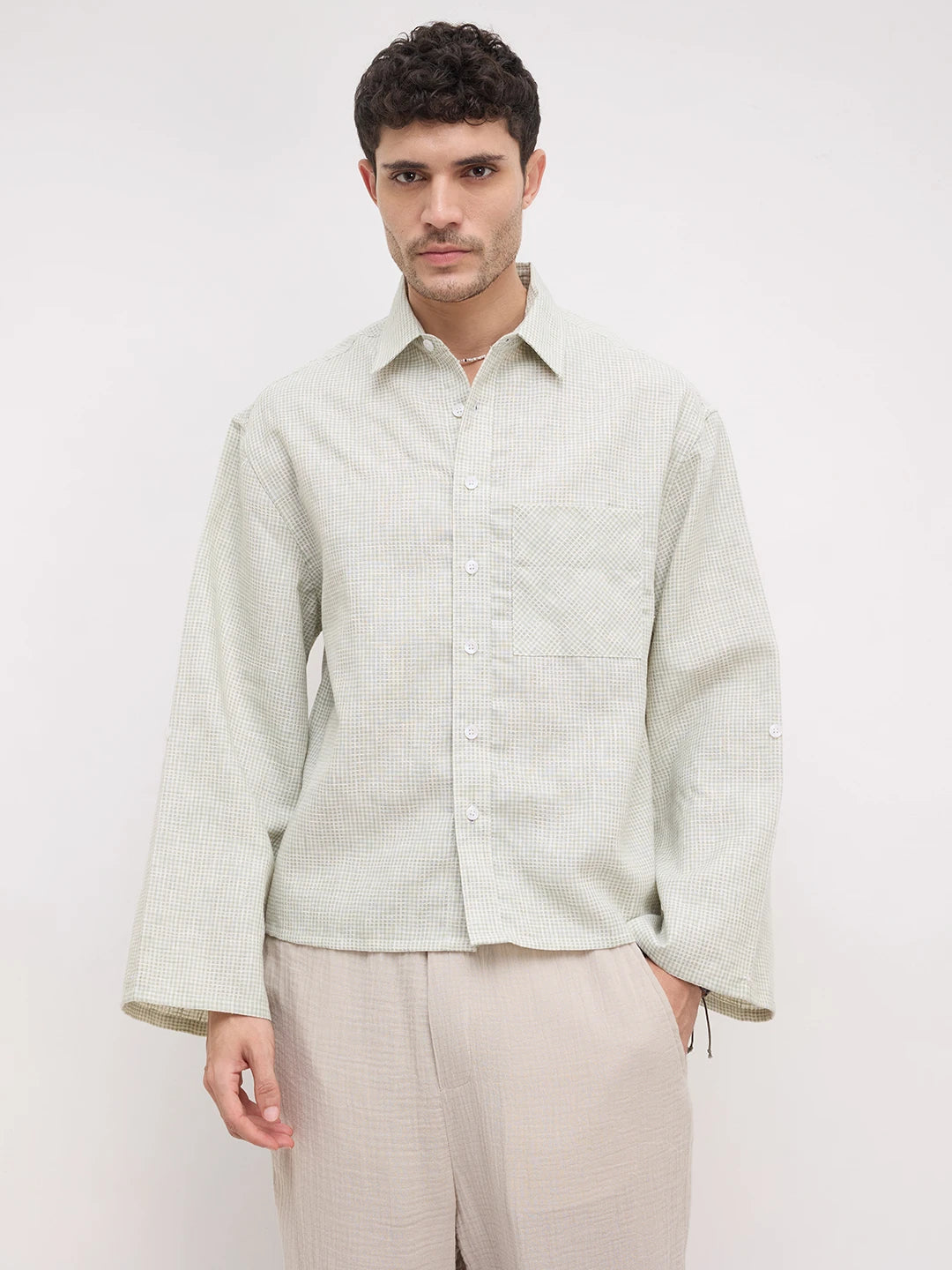 Pistachio Green Openweave Micro Checks Cuffless Oversized Crop Shirt