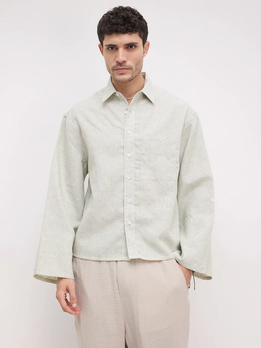 Pistachio Green Openweave Micro Checks Cuffless Oversized Crop Shirt