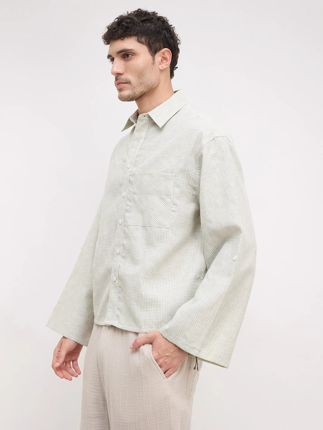 Pistachio Green Openweave Micro Checks Cuffless Oversized Crop Shirt
