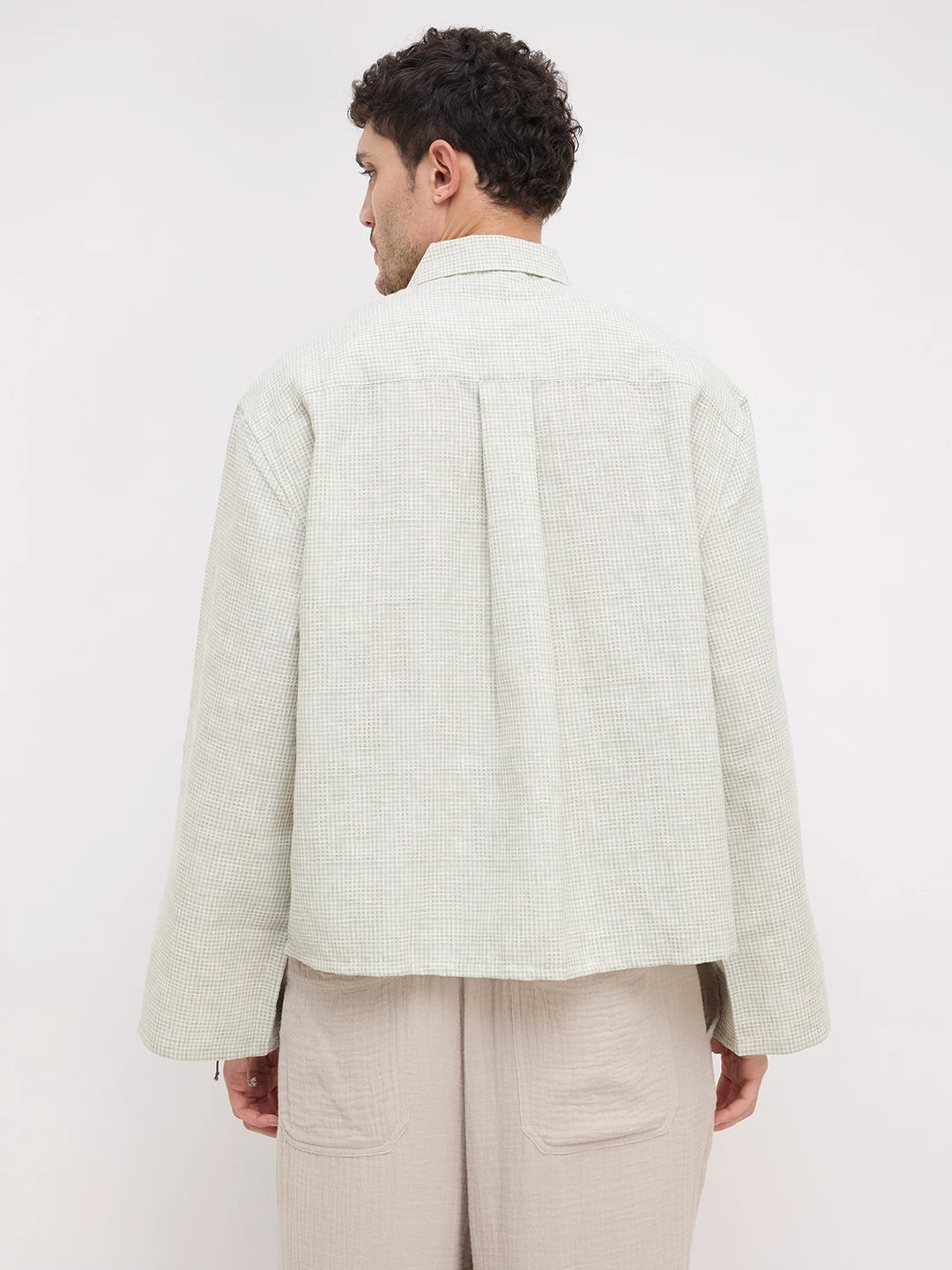Pistachio Green Openweave Micro Checks Cuffless Oversized Crop Shirt