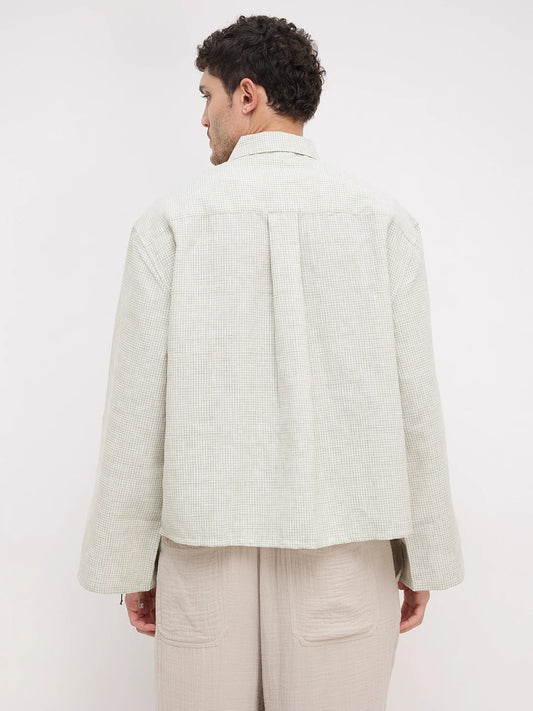 Pistachio Green Openweave Micro Checks Cuffless Oversized Crop Shirt