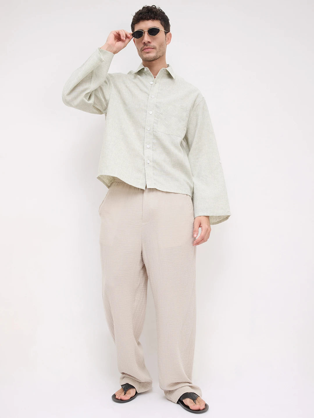 Pistachio Green Openweave Micro Checks Cuffless Oversized Crop Shirt