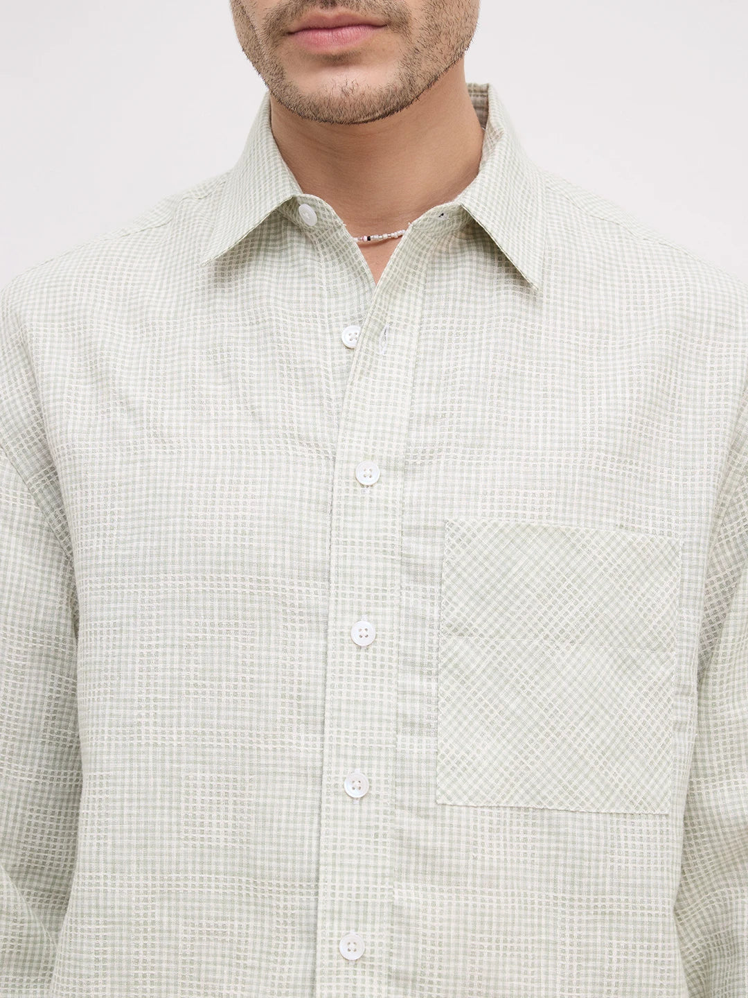 Pistachio Green Openweave Micro Checks Cuffless Oversized Crop Shirt