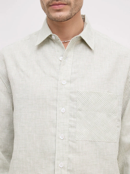 Pistachio Green Openweave Micro Checks Cuffless Oversized Crop Shirt