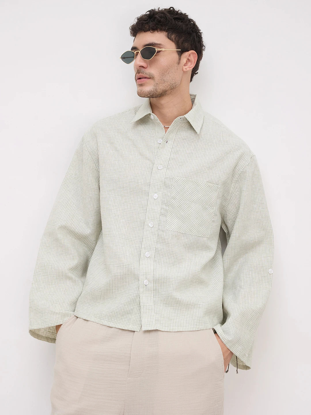 Pistachio Green Openweave Micro Checks Cuffless Oversized Crop Shirt