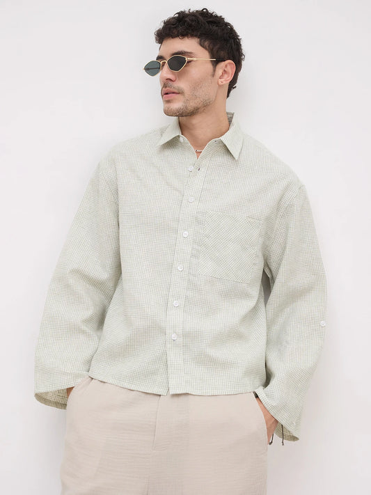 Pistachio Green Openweave Micro Checks Cuffless Oversized Crop Shirt