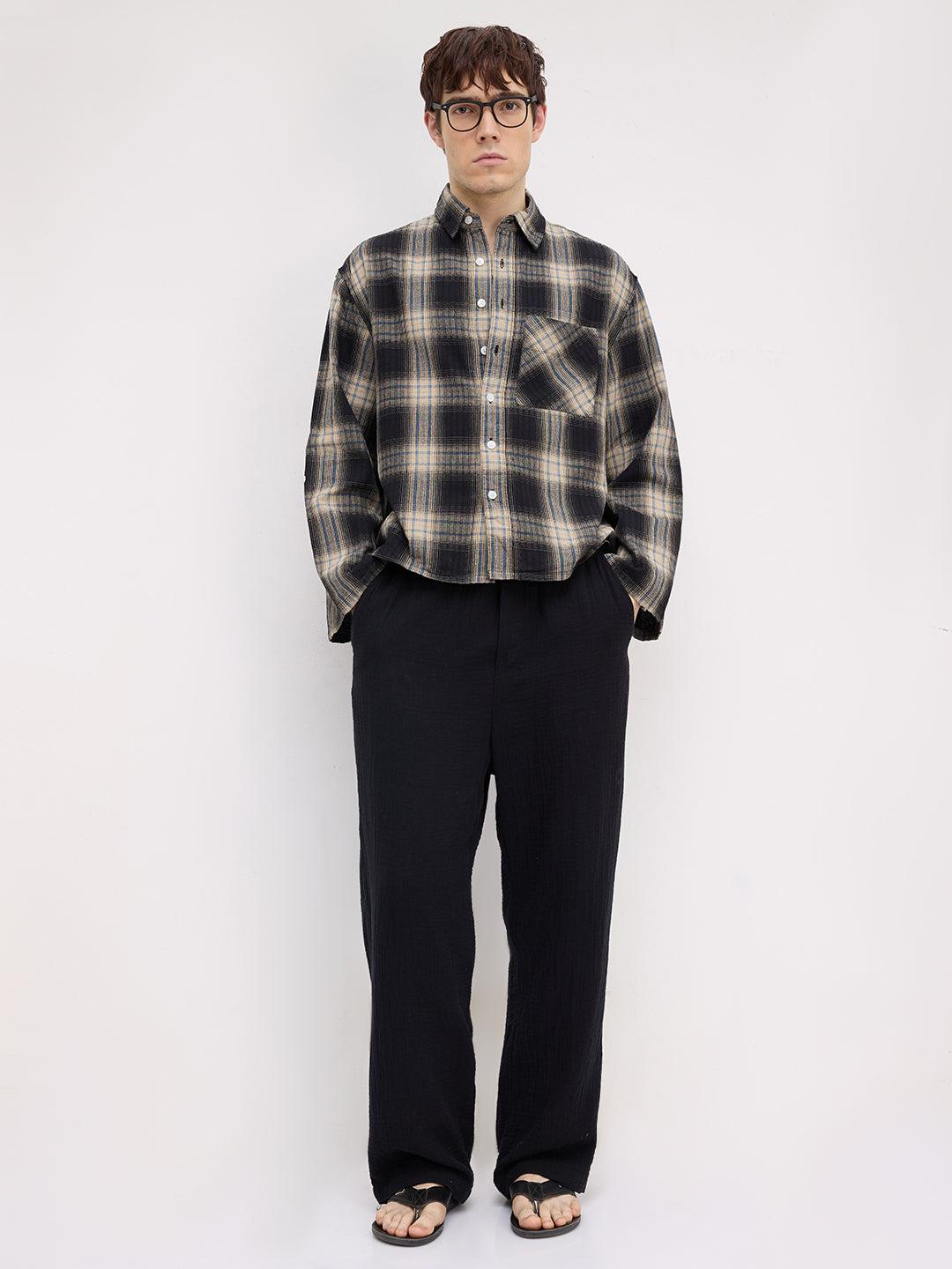 Rich Black & Blue Plaid Checks Cuffless Oversized Crop Shirt