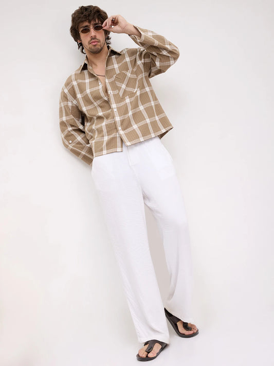 Taupe Ladder Striped Windowpane Checks Cuffless Oversized Crop Shirt