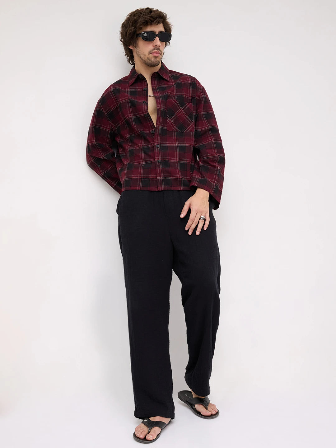 Luxe Blood Red Multi-Line Square Checks Cuffless Oversized Crop Shirt