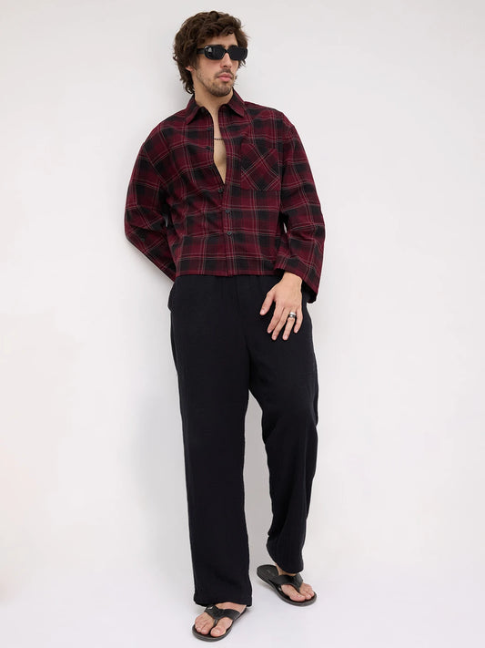 Luxe Blood Red Multi-Line Square Checks Cuffless Oversized Crop Shirt