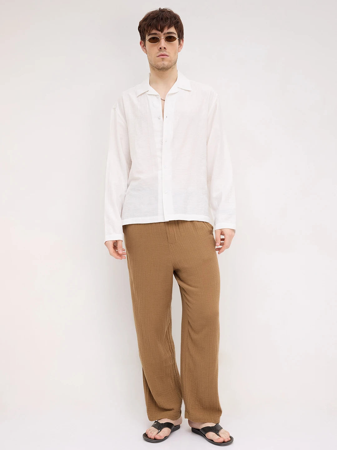 Artisan Pearl White Plaid Textured Notch Collar Oversized Shirt