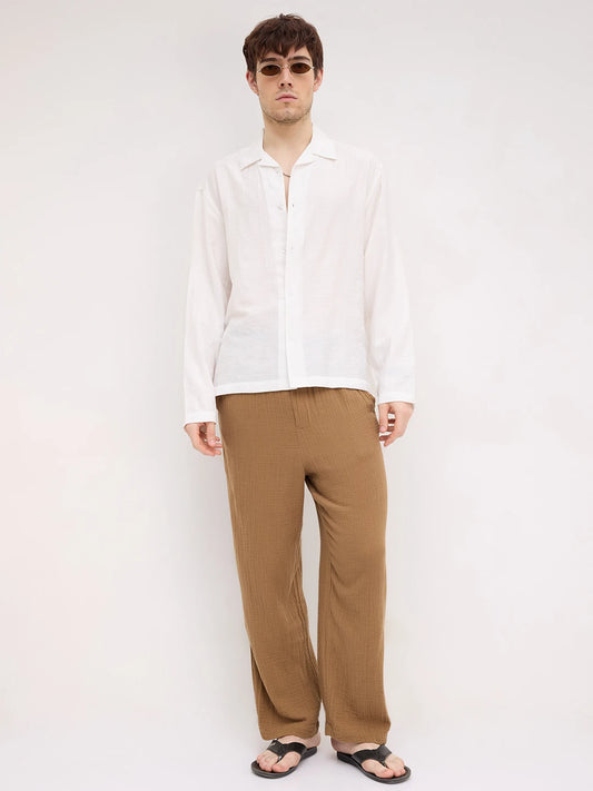 Artisan Pearl White Plaid Textured Notch Collar Oversized Shirt