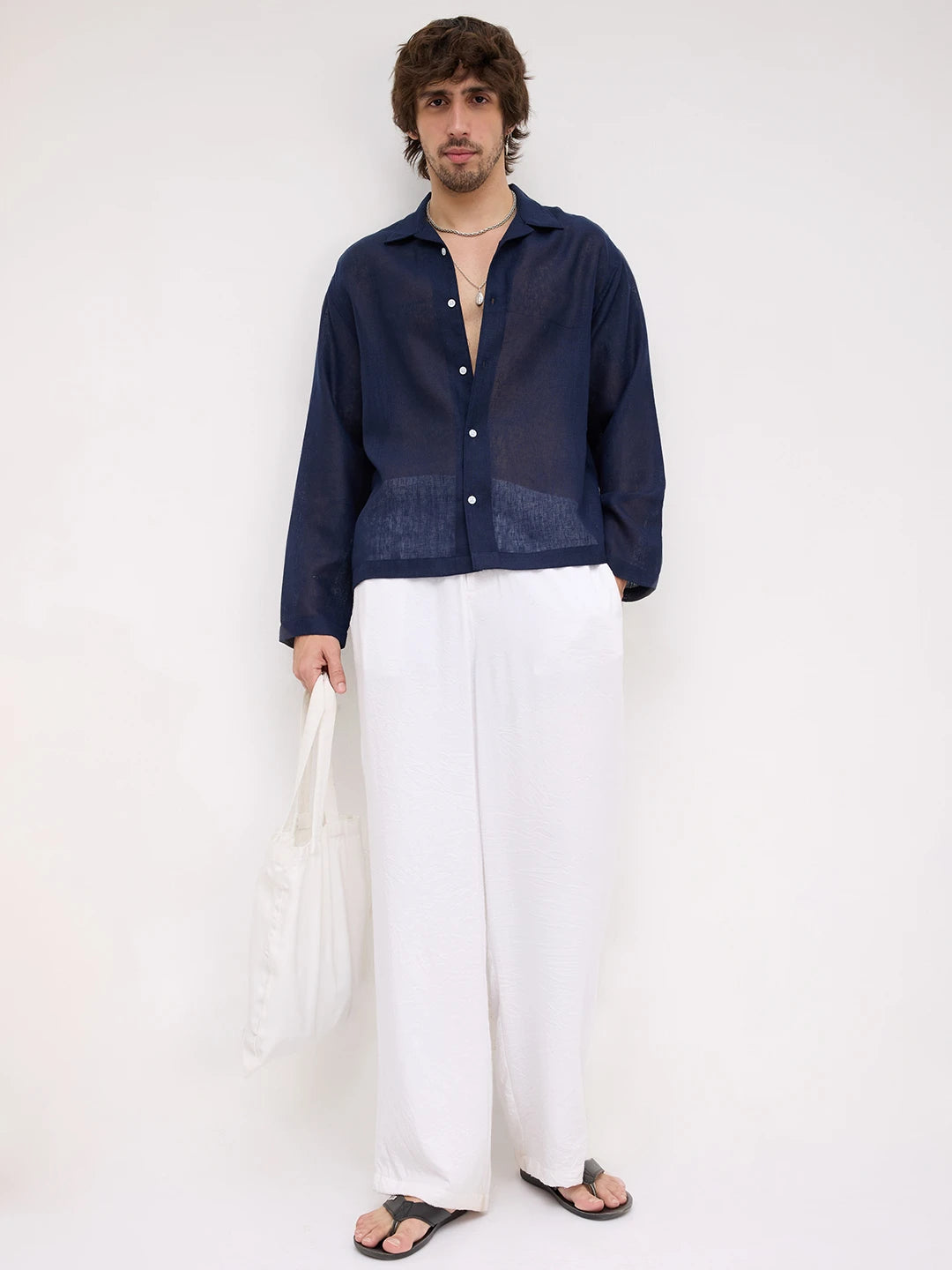 Navy Sheer Textured Notch Collar Oversized Shirt
