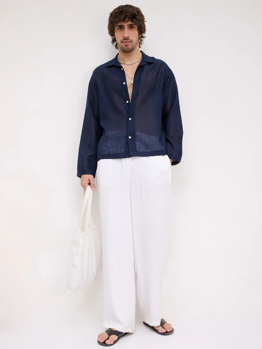 Navy Sheer Textured Notch Collar Oversized Shirt