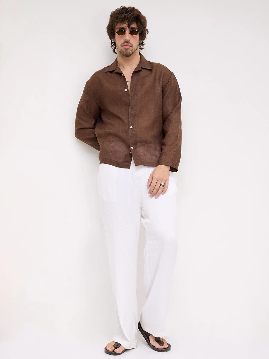 Coffee Brown Fine Textured Notch Collar Oversized Shirt