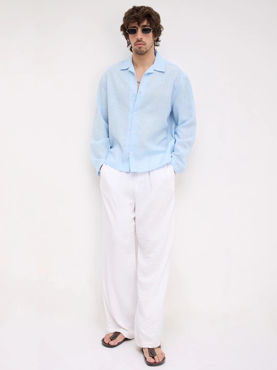 Iceberg Blue Sheer Textured Notch Collar Oversized Vacation Shirt
