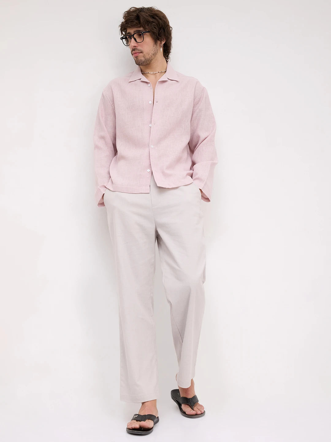 Blush Pink Fine Textured Notch Collar Oversized Shirt