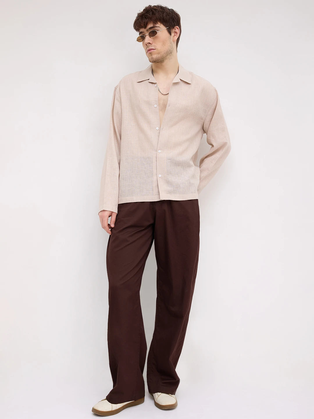 Soft Khaki Sheer Textured Notch Collar Oversized Vacation Shirt
