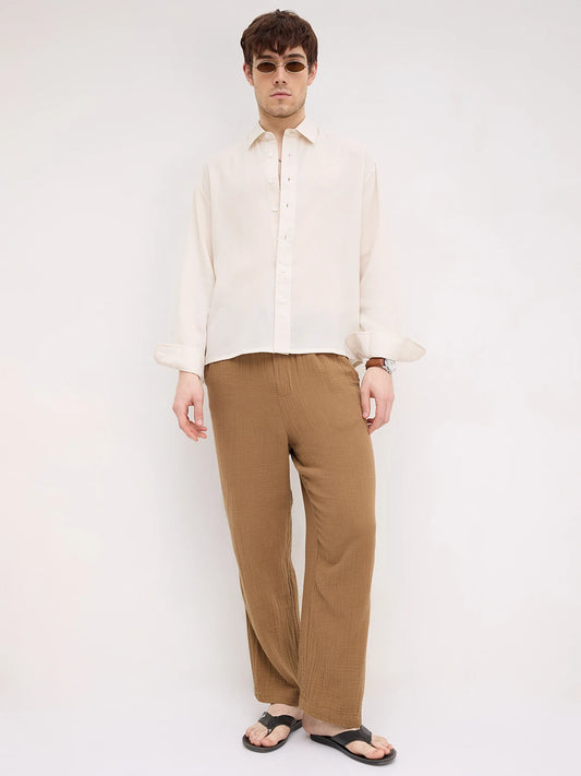 Classic Bisque Beige Boxy Fit Crop Shirt