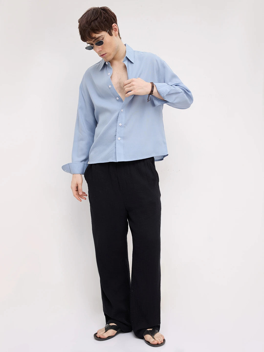 Classic Powder Blue Boxy Fit Crop Shirt