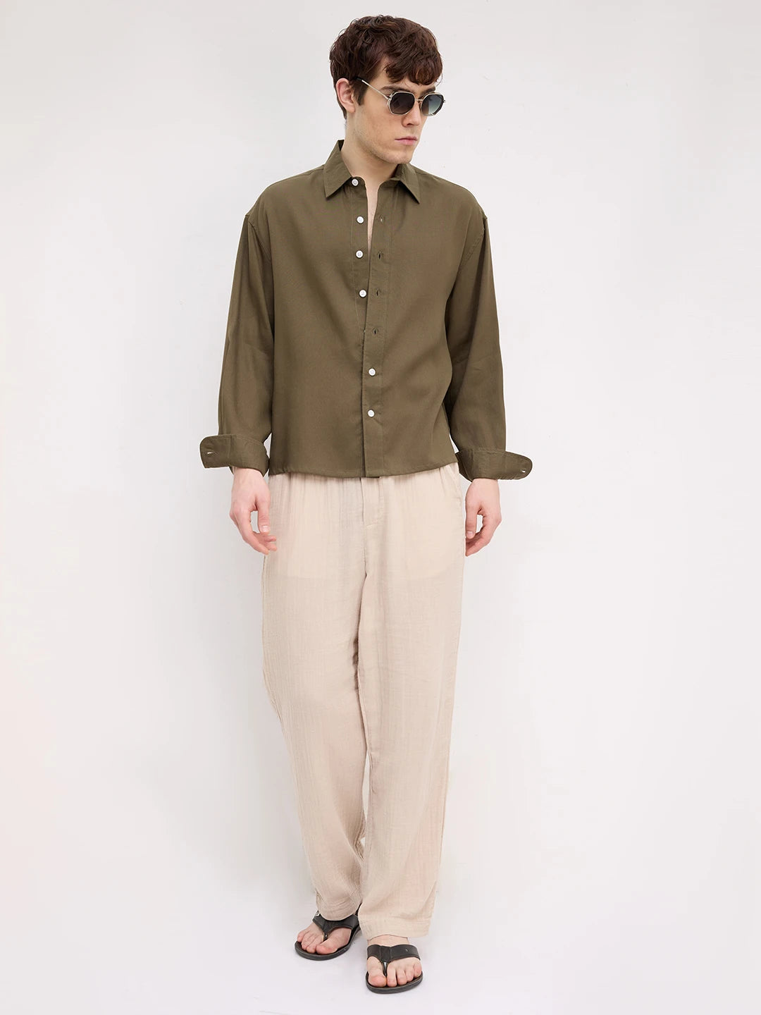 Deep Olive Boxy Fit Crop Shirt