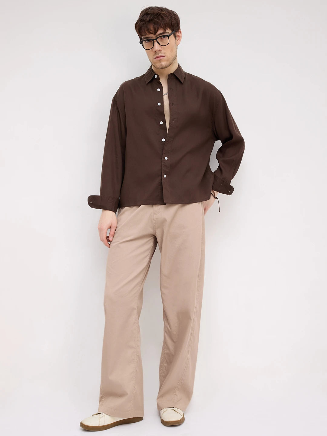Luxe Espresso Brown Boxy Fit Crop Shirt