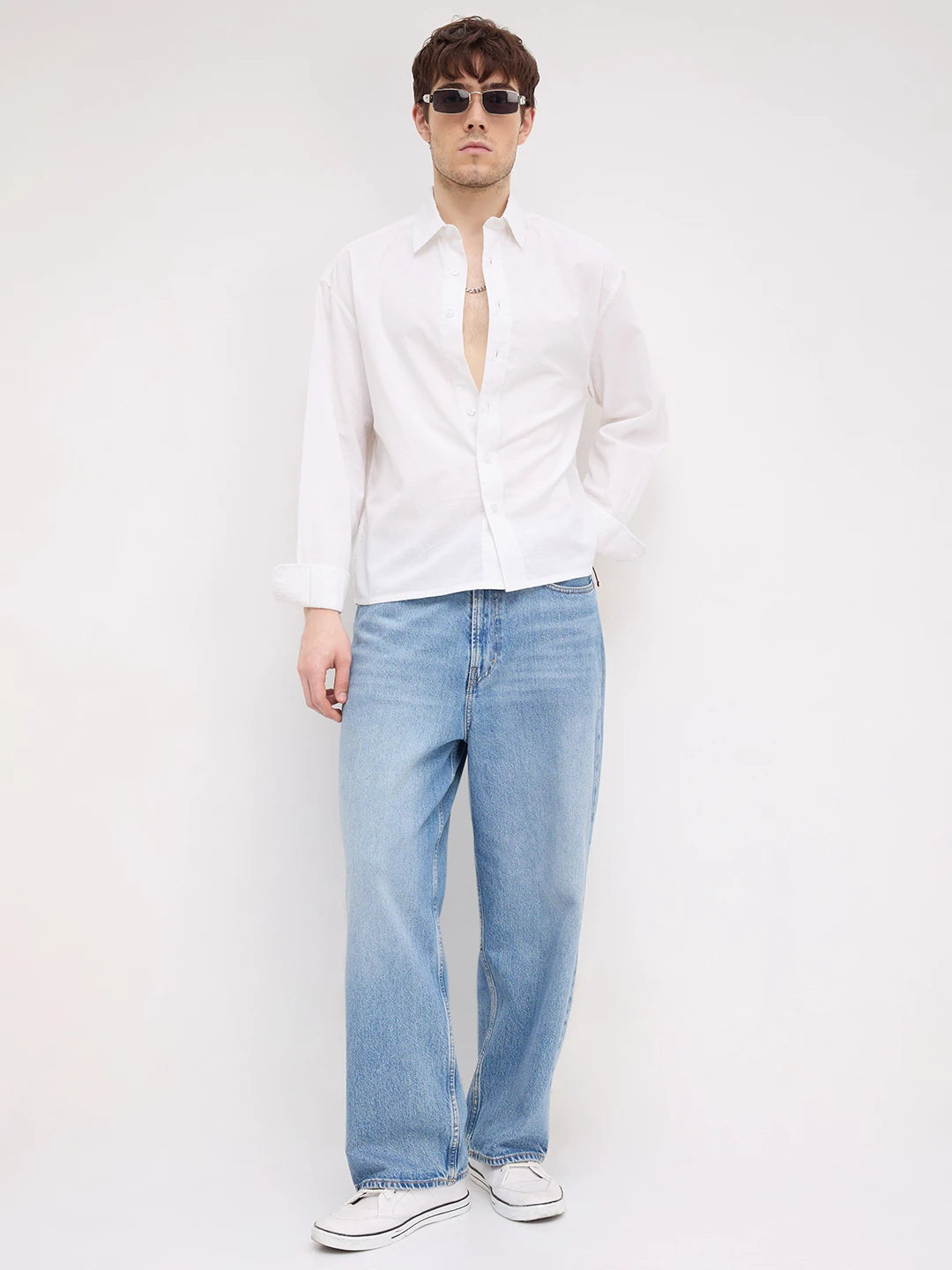 Pearl White Linen Blend Boxy Fit Crop Shirt