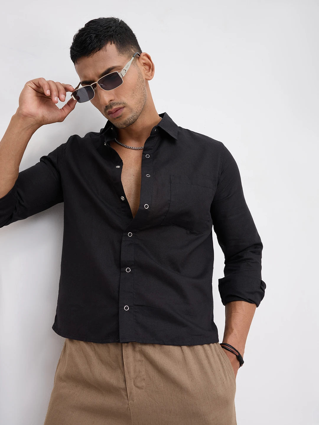 Rich Black Tencel Straight Hem Crop Shirt