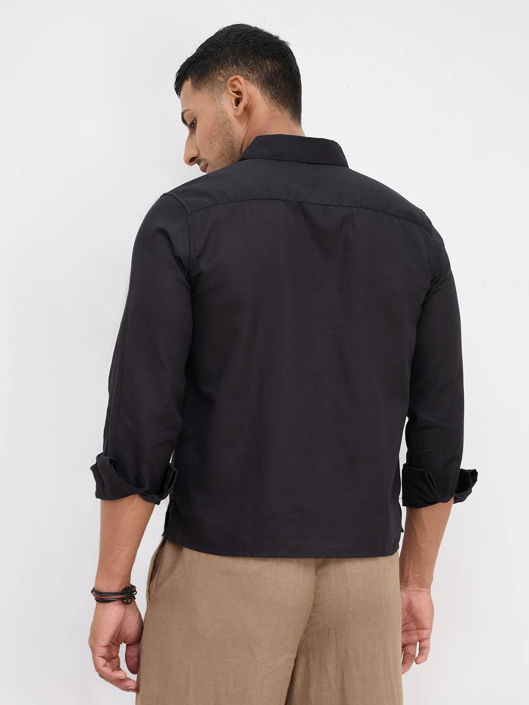 Rich Black Tencel Straight Hem Crop Shirt