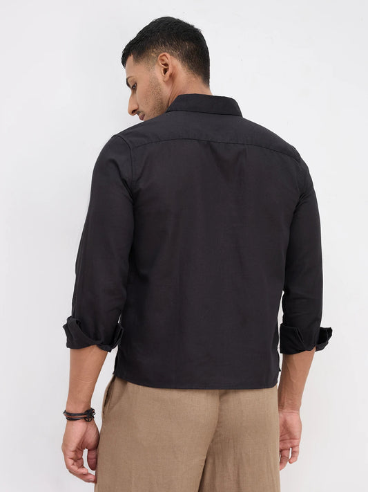 Rich Black Tencel Straight Hem Crop Shirt