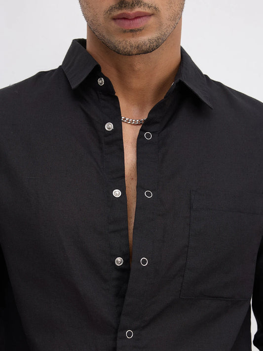 Rich Black Tencel Straight Hem Crop Shirt