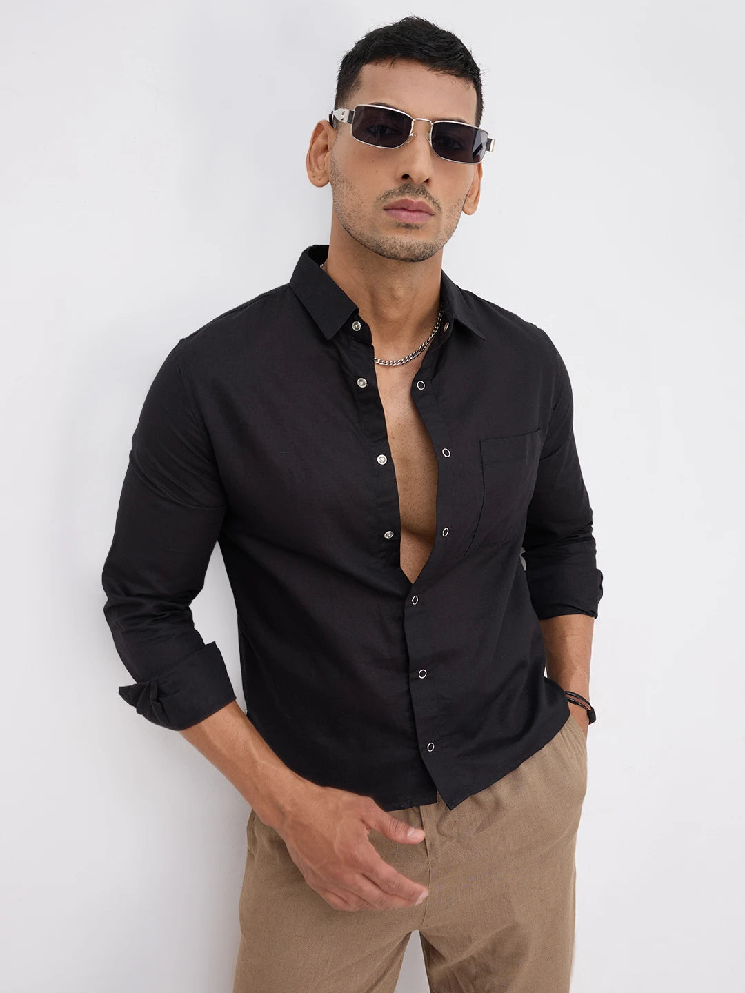 Rich Black Tencel Straight Hem Crop Shirt