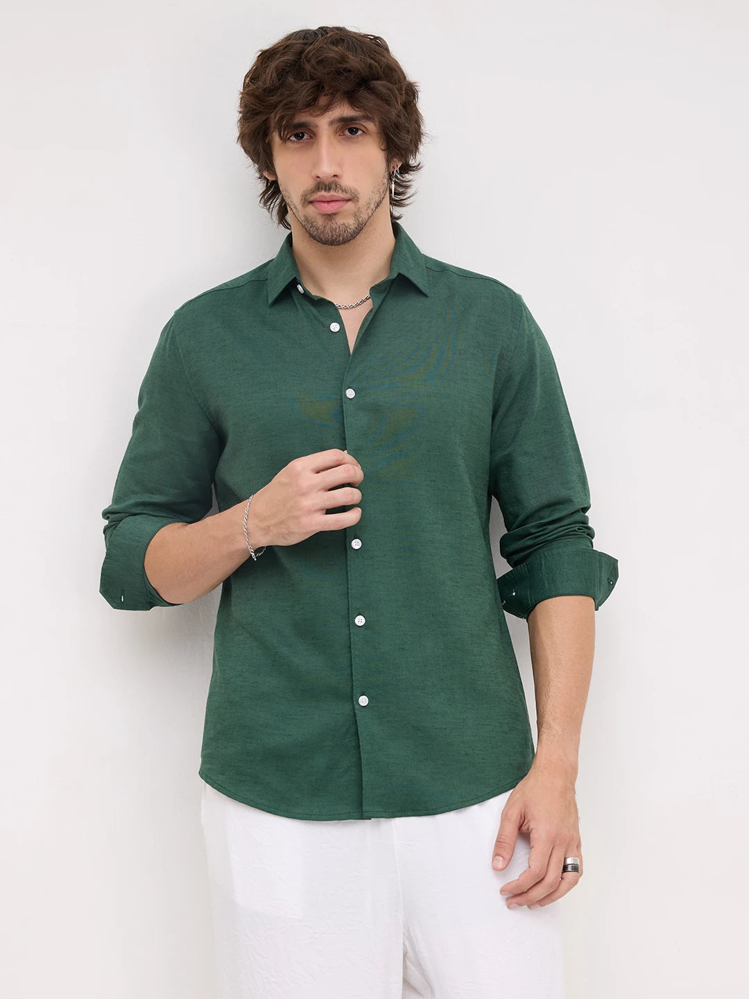 Luxe Forest Green Linen Blend Shirt