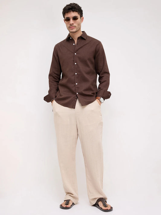 Luxe Deep Saddle Brown Linen Blend Shirt