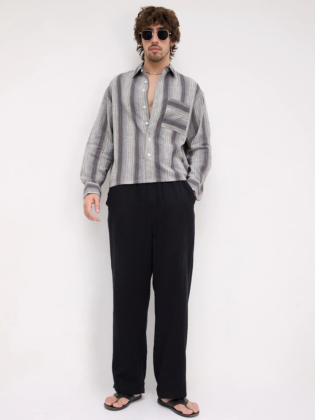 Grey Spectrum Microline Vertical Loom Boxy Fit Crop Shirt