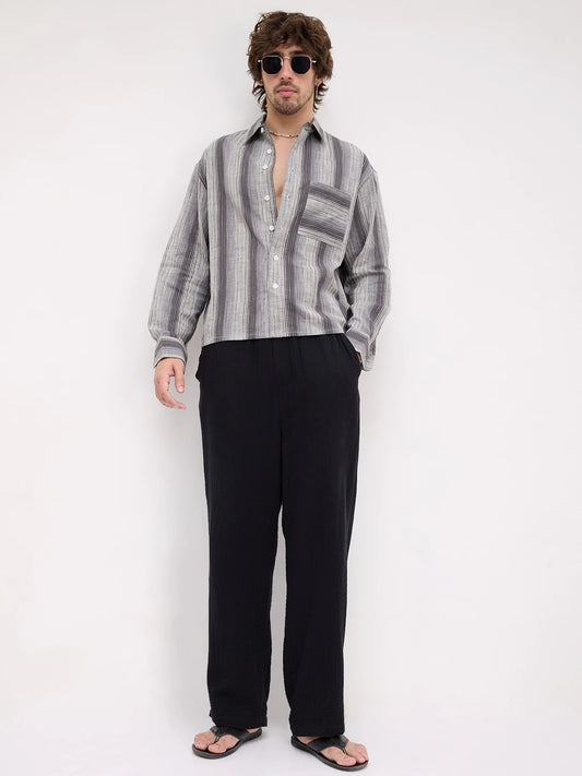 Grey Spectrum Microline Vertical Loom Boxy Fit Crop Shirt
