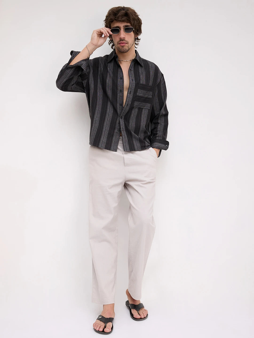 Black Metallic Microline Vertical Loom Boxy Fit Crop Shirt