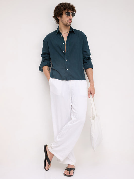 Emerald Green Fine Textured Boxy Fit Crop Shirt
