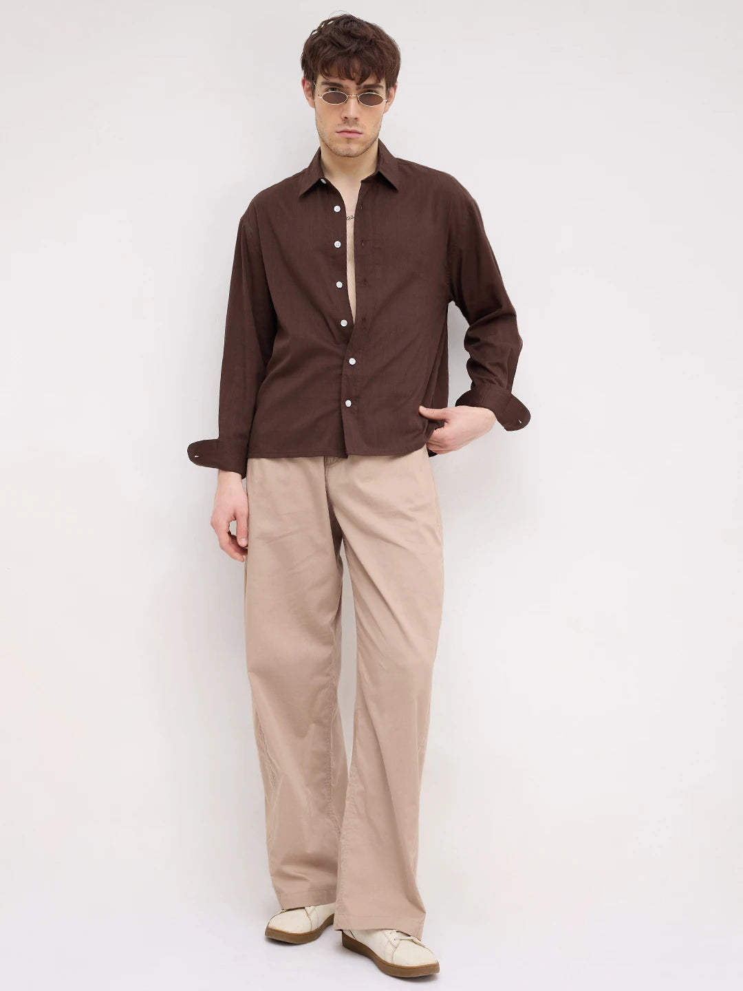 Refined Luxe Brown Boxy Fit Crop Shirt
