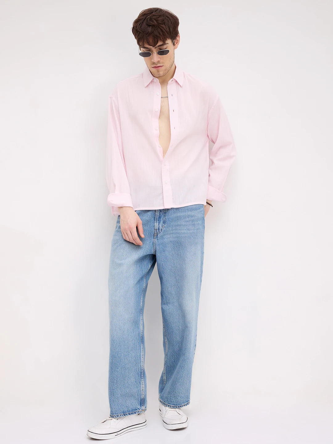 Charming Blush Pink Fine Textured Boxy Fit Crop Shirt