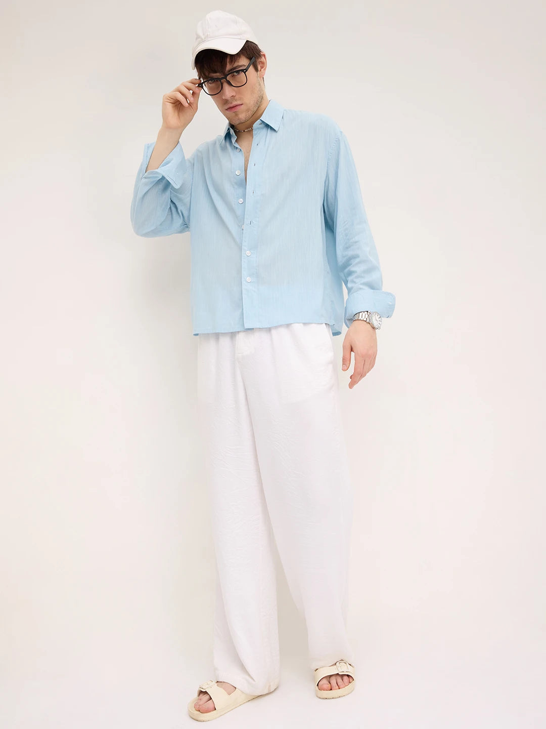 Arctic Blue Fine Textured Boxy Fit Crop Shirt