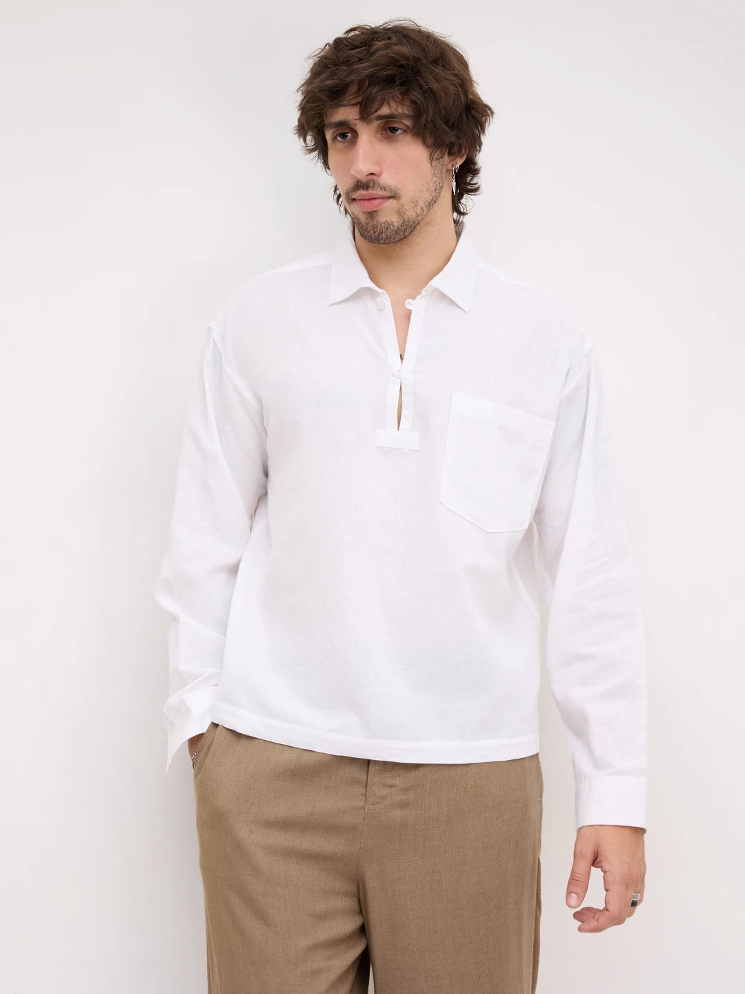 Frost White Sheer Textured Linen Blend Loop Button Oversized Shirt