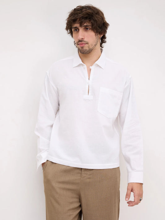 Frost White Sheer Textured Linen Blend Loop Button Oversized Shirt